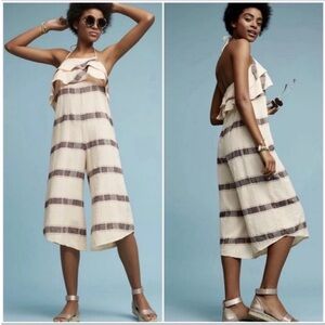 Anthropologie Saturday Sunday Boho Wide Leg Marina Ruffle Halter Jumpsuit.